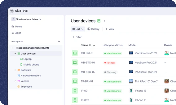 Inventaire Starhive de postes et téléphones avec statuts, modèles et responsables