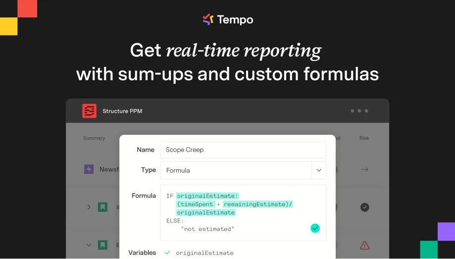 Official Structure by Tempo interface showing formulas and rollups on Jira issues