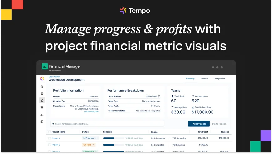 Official Tempo Financial Manager interface with budget, cost, revenue and project indicators