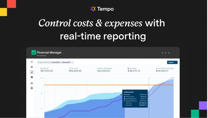 Official Tempo Financial Manager interface with project cost and expense visualization