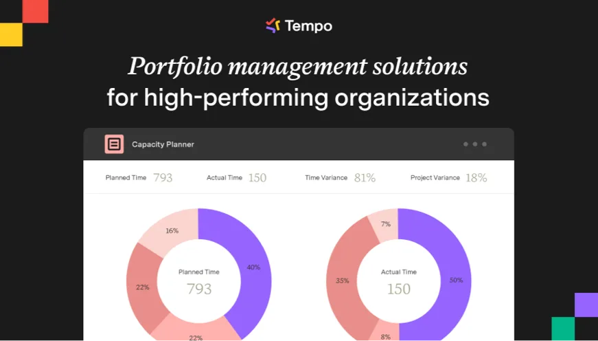 Interface officielle Tempo Capacity Planner avec indicateurs portfolio et comparaison planifié réalisé
