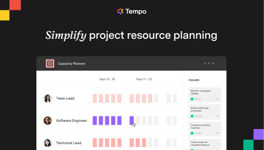 Interface officielle Tempo Capacity Planner avec planning ressources et charge des équipes