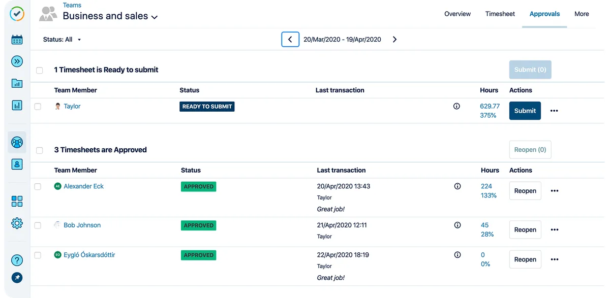 Official Tempo Timesheets interface for team timesheet approval