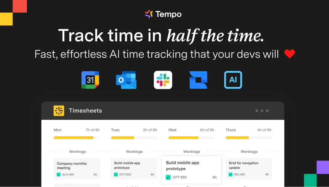 Official Tempo Timesheets interface with time tracking, suggestions and calendar integrations